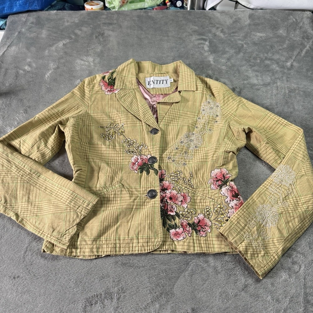 Entity Womens S Beige Plaid Cotton Blazer Jacket Floral Embroidered Boho Retro